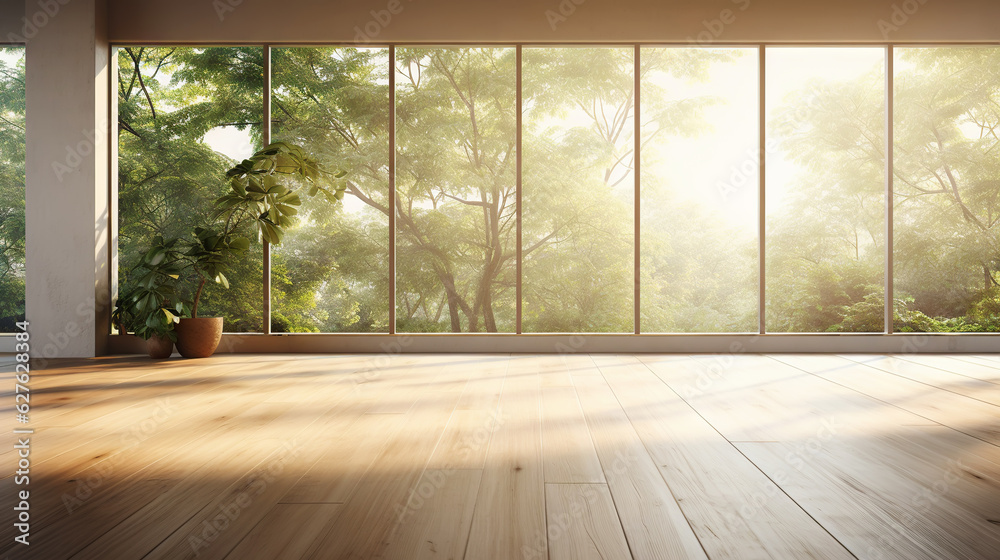 Empty room of modern contemporary loft with wooden floor and large windows to garden. Copy space. Ge