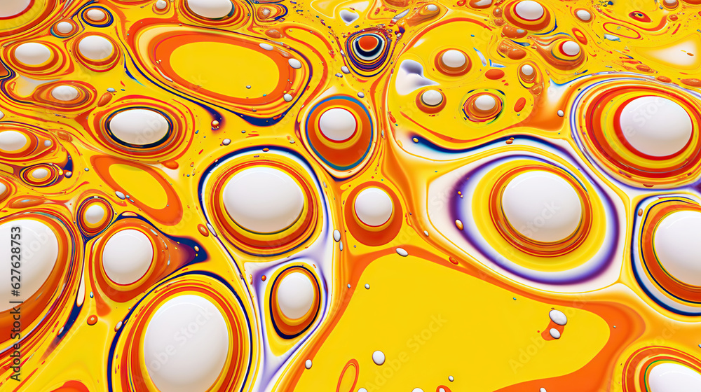 Abstract yellow paint drops mixed in white oil background. Non-mixing fluids pattern. Generative AI