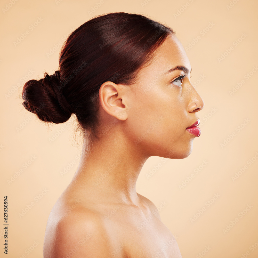 Skincare, makeup and side face of a woman on a studio background for natural and healthy wellness. S