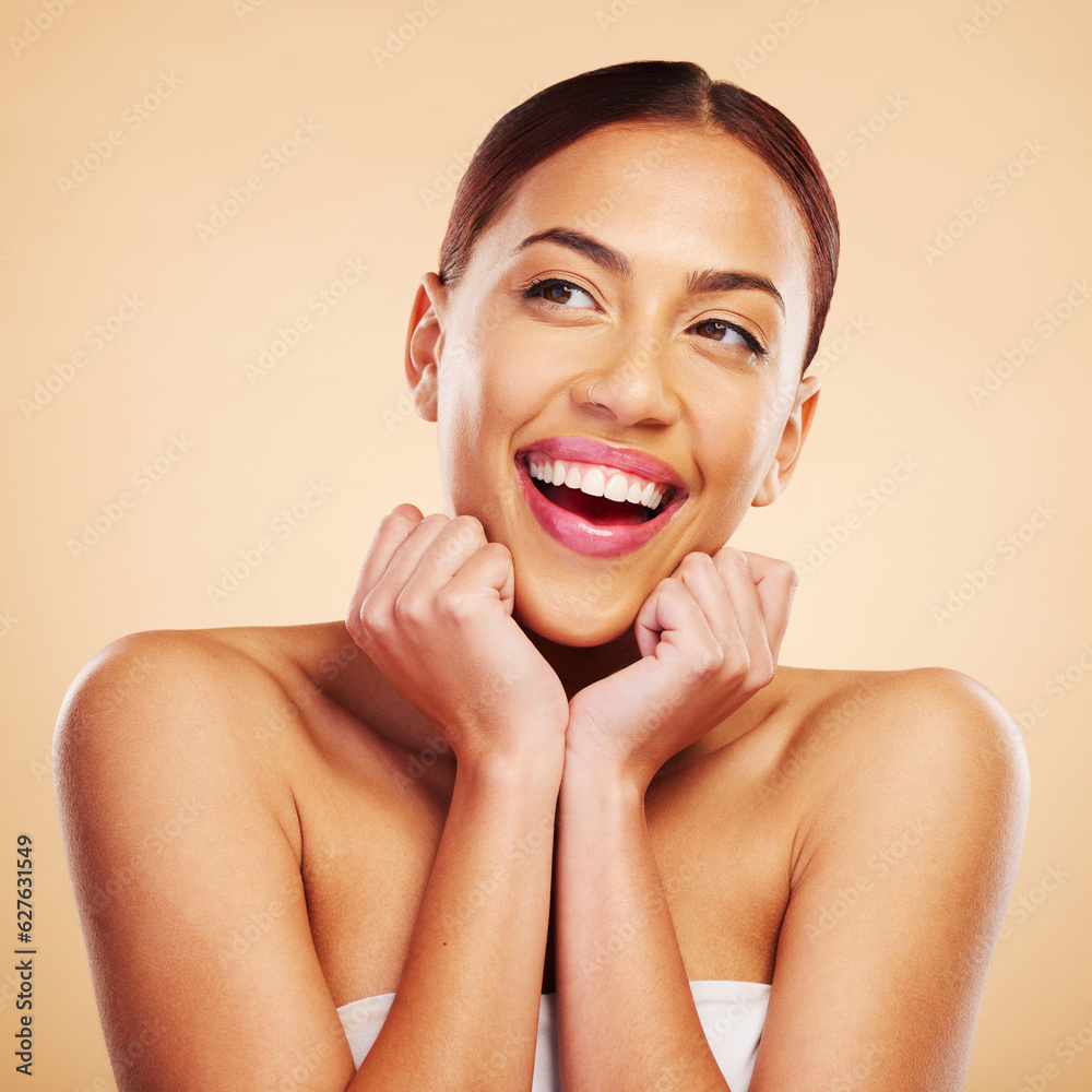 Beauty, skincare and face of happy woman in studio isolated on a brown background. Cosmetic, excited