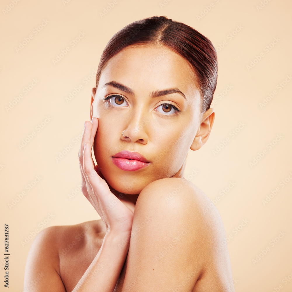 Portrait, beauty and woman with skincare, makeup and dermatology against a brown studio background. 