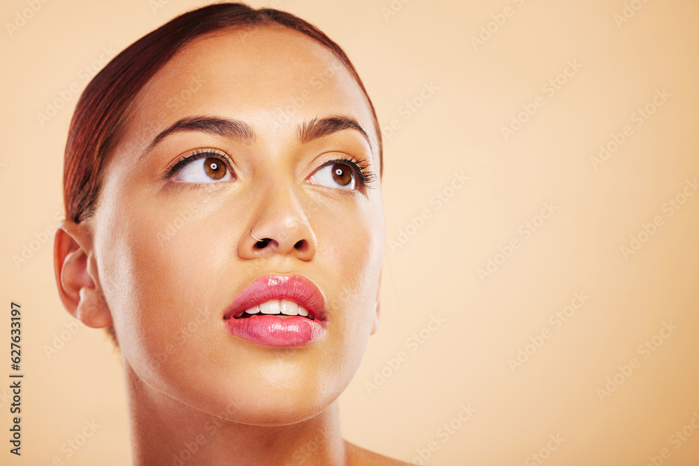 Face, skincare and beauty of woman thinking in studio isolated on a brown background mockup space. C