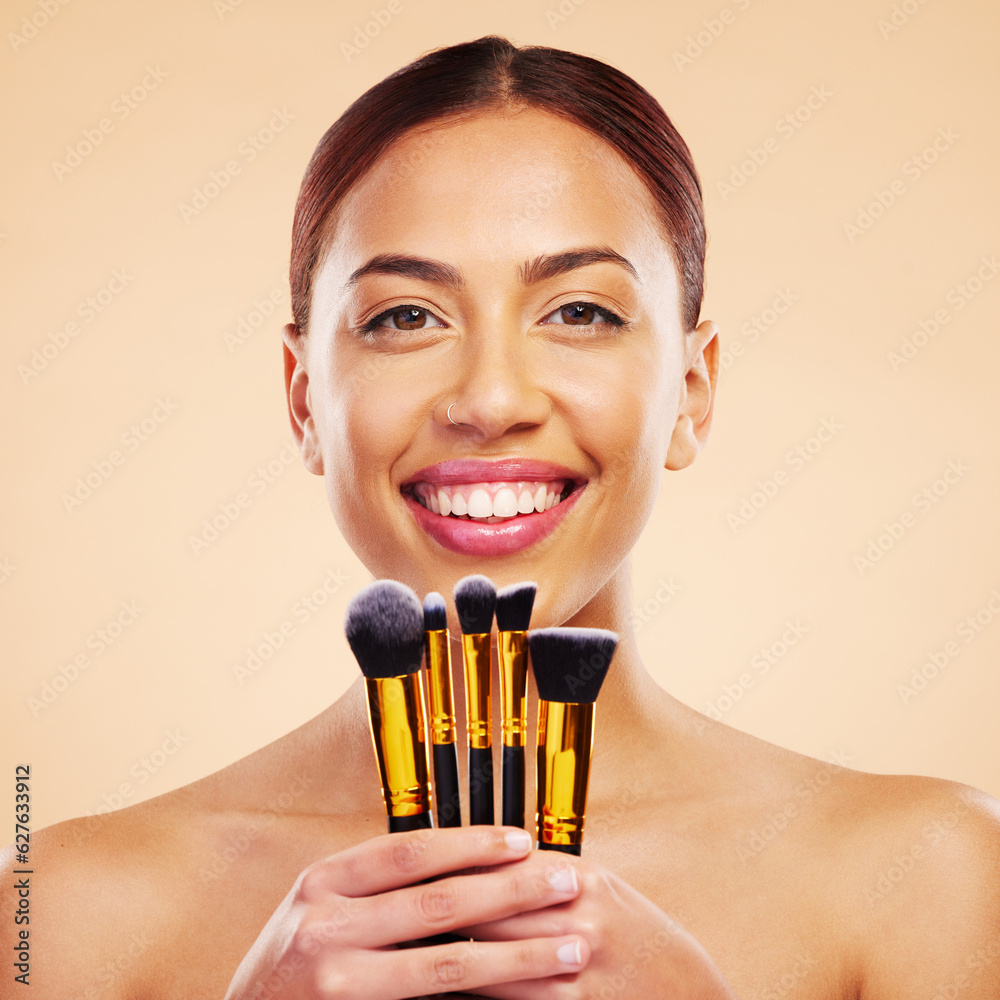 Makeup, brush and portrait of woman with cosmetic beauty product for skincare isolated in a studio b