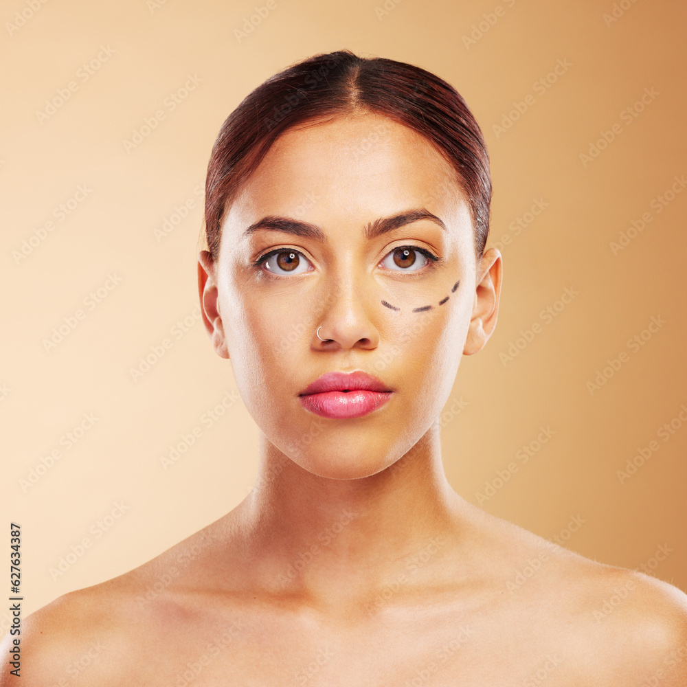 Plastic surgery, cosmetics and woman with surgical lines on face in brown studio background with ski