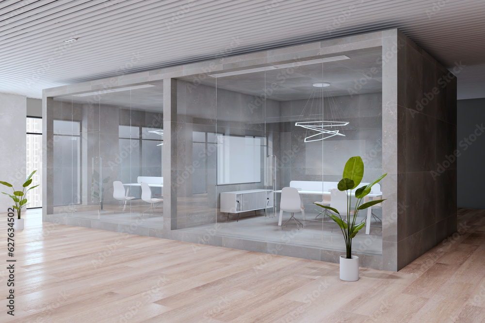 Modern wooden and concrete open space designer office interior with furniture, panoramic windows wit