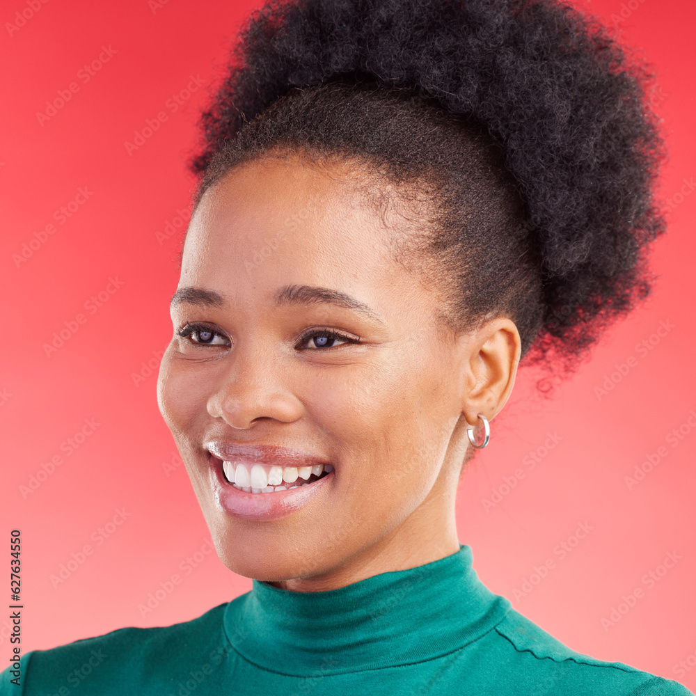 Thinking, face and a black woman on a red background with a smile for fashion, style or ideas. Happy