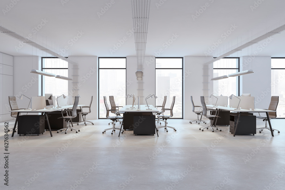 Contemporary white coworking office interior with window, daylight and furniture. 3D Rendering.