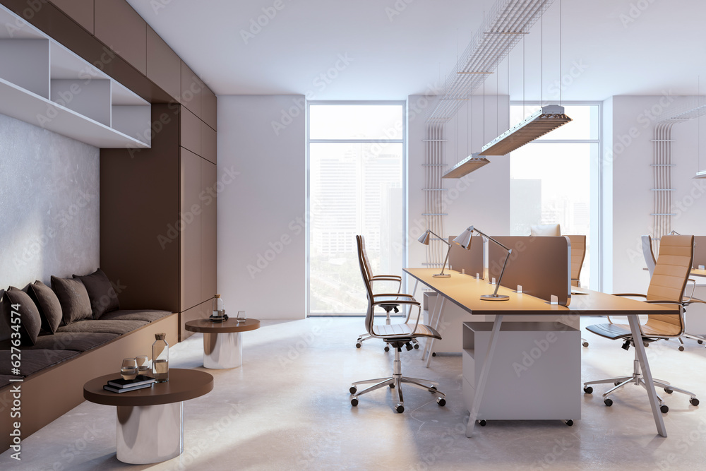 New wooden and concrete coworking office interior with window, daylight and furniture. 3D Rendering.