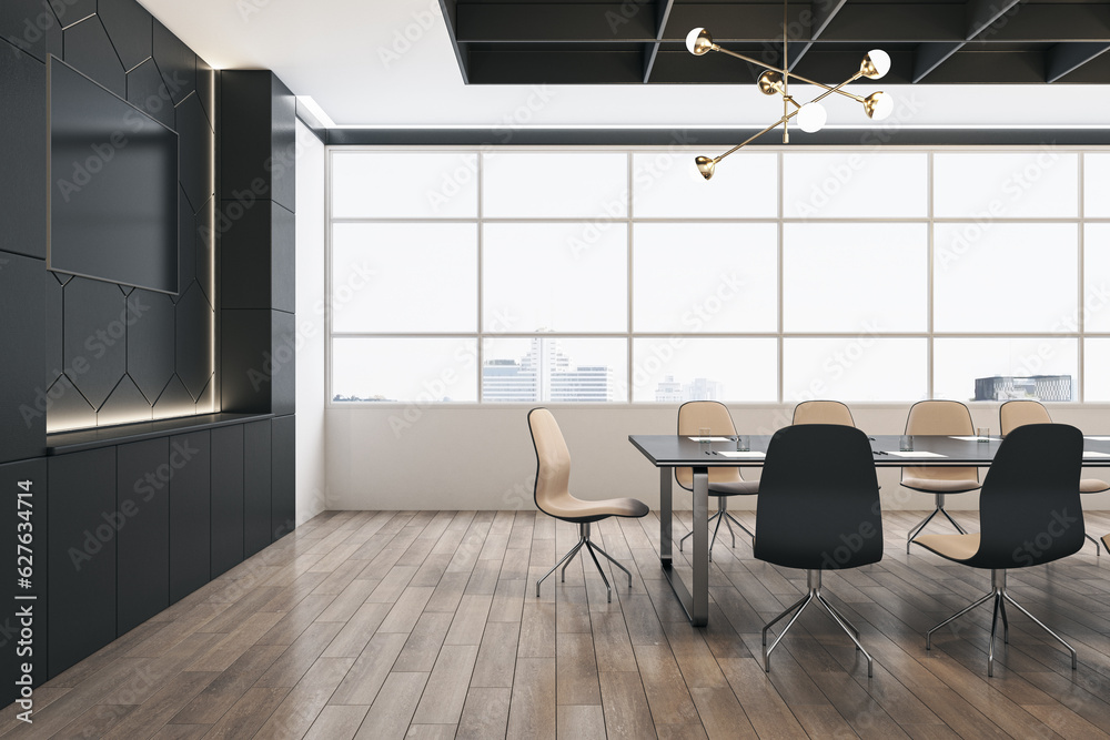 Modern conference room with wooden floor and window with city view on background. 3D Rendering