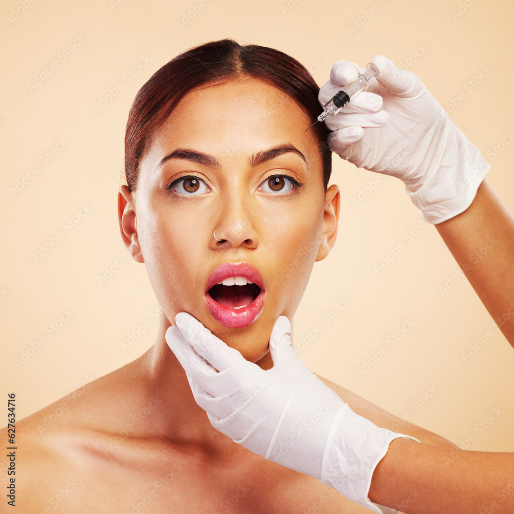 Surprise, woman or face in plastic surgery injection for facelift or cosmetics isolated on studio ba