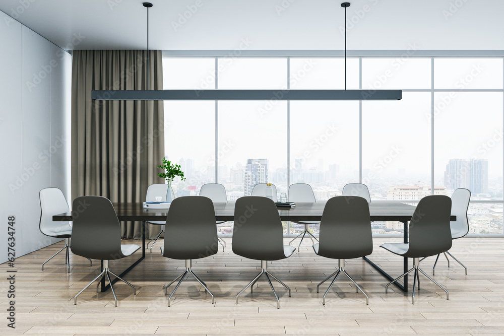 Front view of light modern meeting room with panoramic city view window on background, large office 