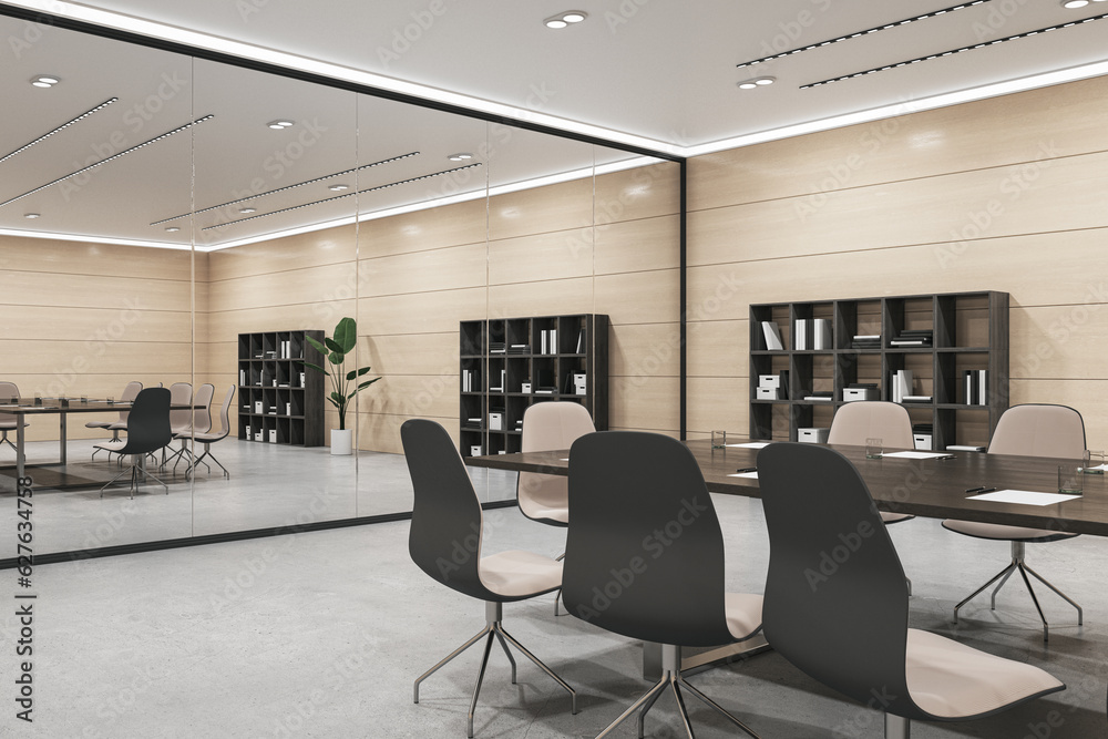 Perspective view of modern negotiant office room with big wooden desk and chairs, mirror wall and co