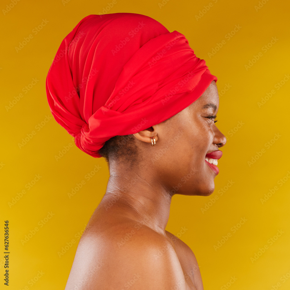 Happy face profile, red makeup and black woman with natural spa skincare, real aesthetic beauty or f