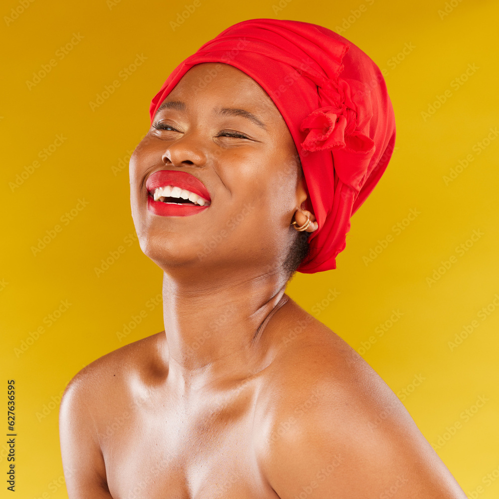 Beauty, African and black woman with makeup and head wrap with smile isolated in yellow studio backg