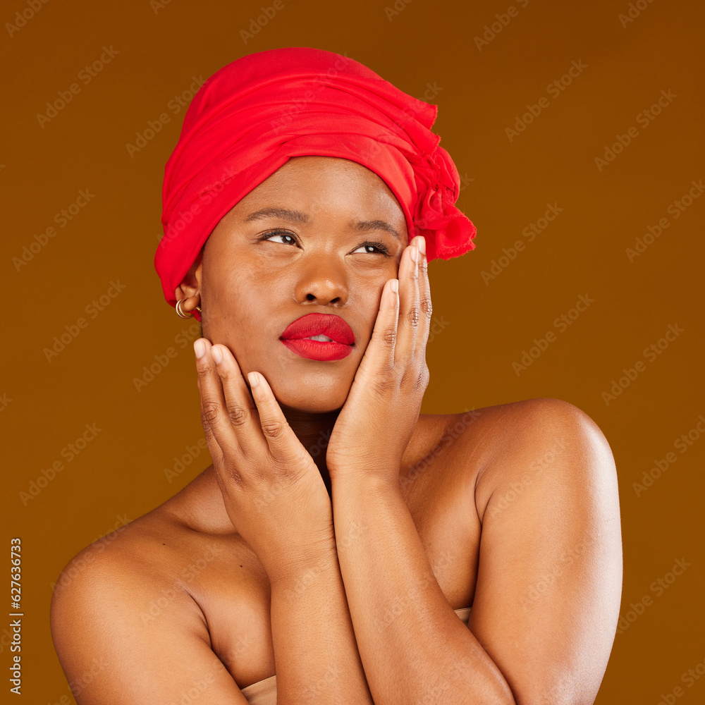 Woman, face and hair scarf with skincare beauty, makeup and haircare in studio. Brown background, Af