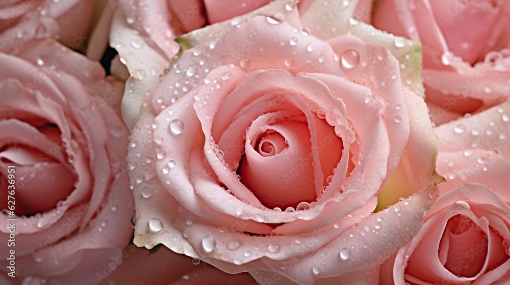 Pink Roses flowers with water drops background. Closeup of blossom with glistening droplets. Generat