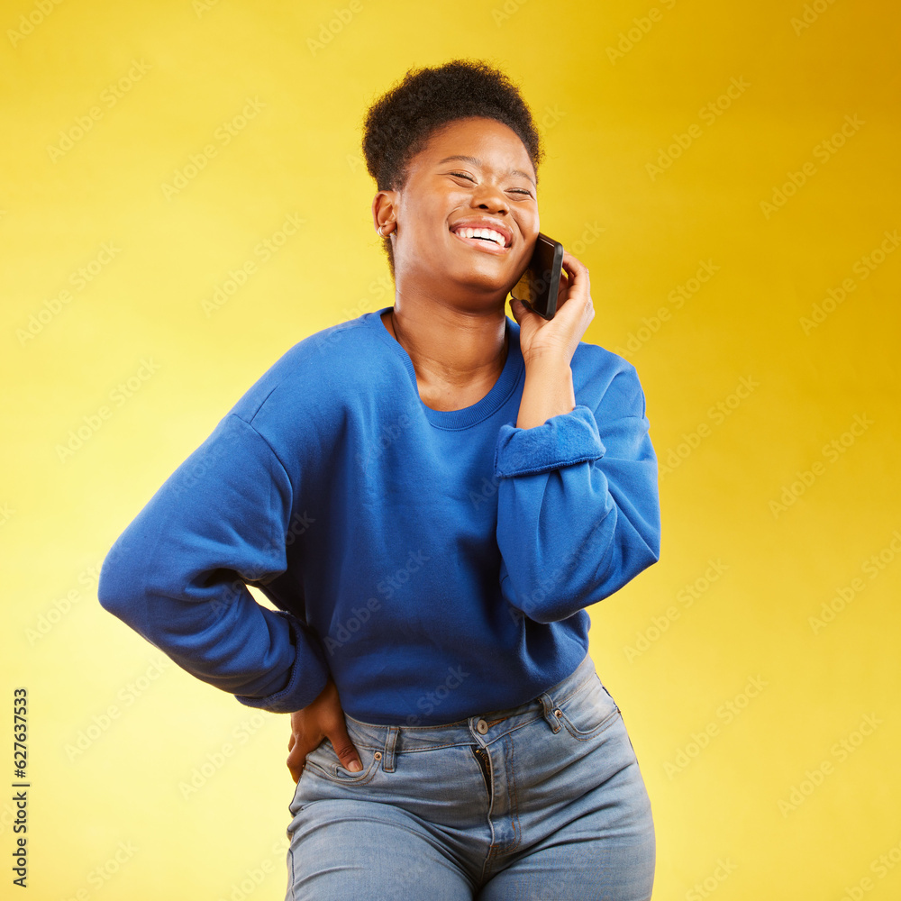 Phone call, laugh and black woman in studio happy, silly or share joke on yellow background. Funny, 