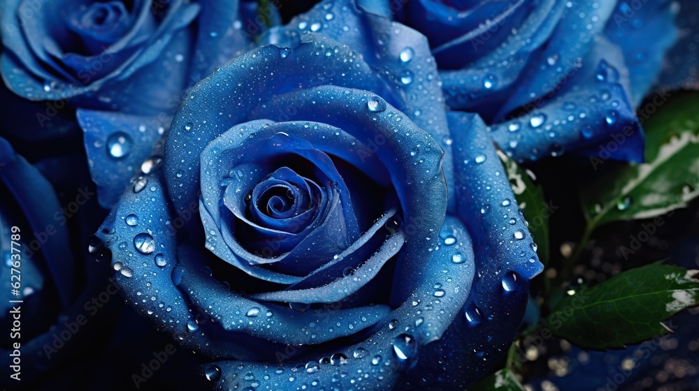 Blue Roses flowers with water drops background. Closeup of blossom with glistening droplets. Generat