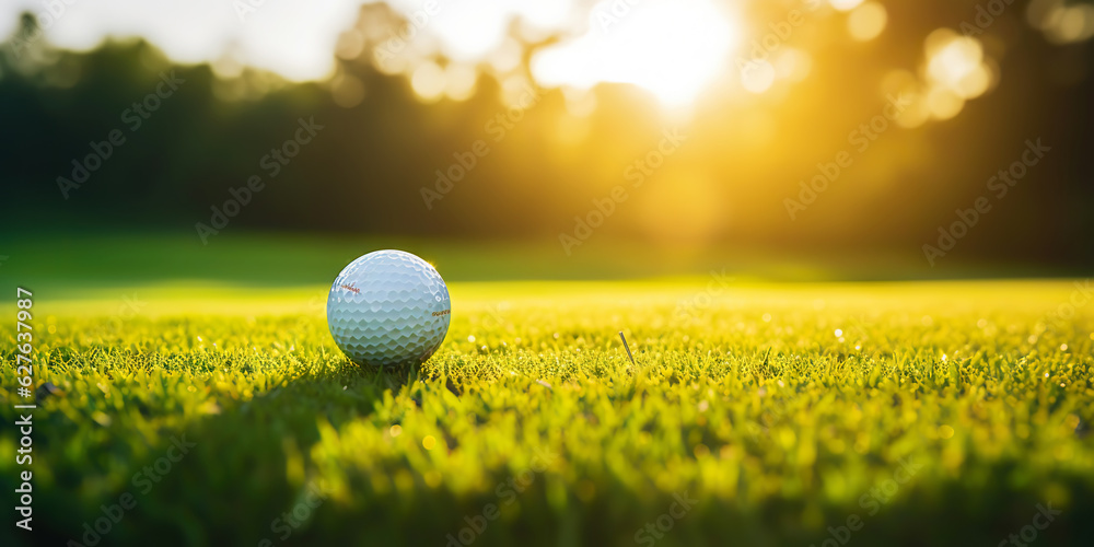 Close-up of golf ball on green grass of golf course, sunny day, blurred backdrop. Generative AI