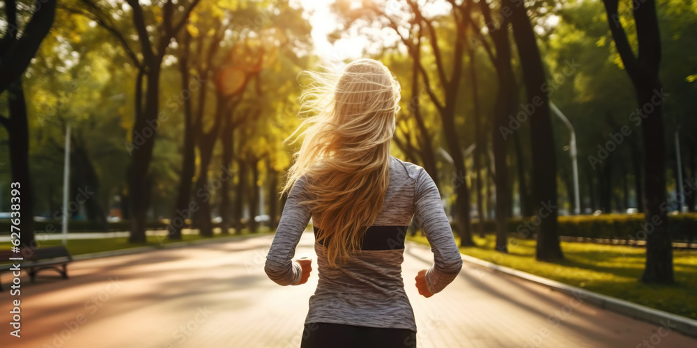 Woman running in park with green trees on beautiful summer day. Sport fitness concept. Generative AI