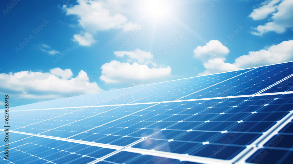 Closeup of Solar panels against blue sky with clouds. Solar energy generation. Renewable energetics.