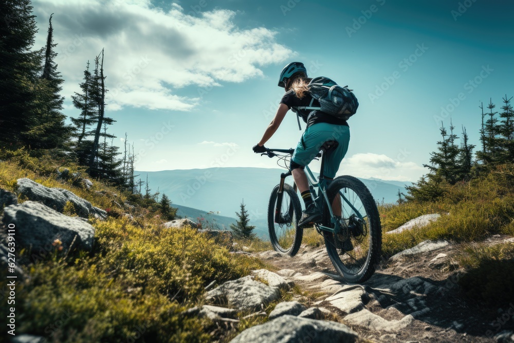 Mountain biking woman riding on bike in summer mountains forest landscape. Generative AI