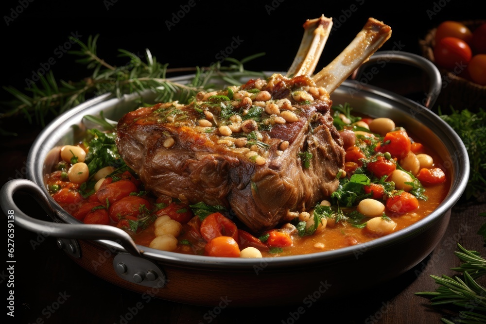 Roast lamb shank with herbs and vegetables. Generative AI