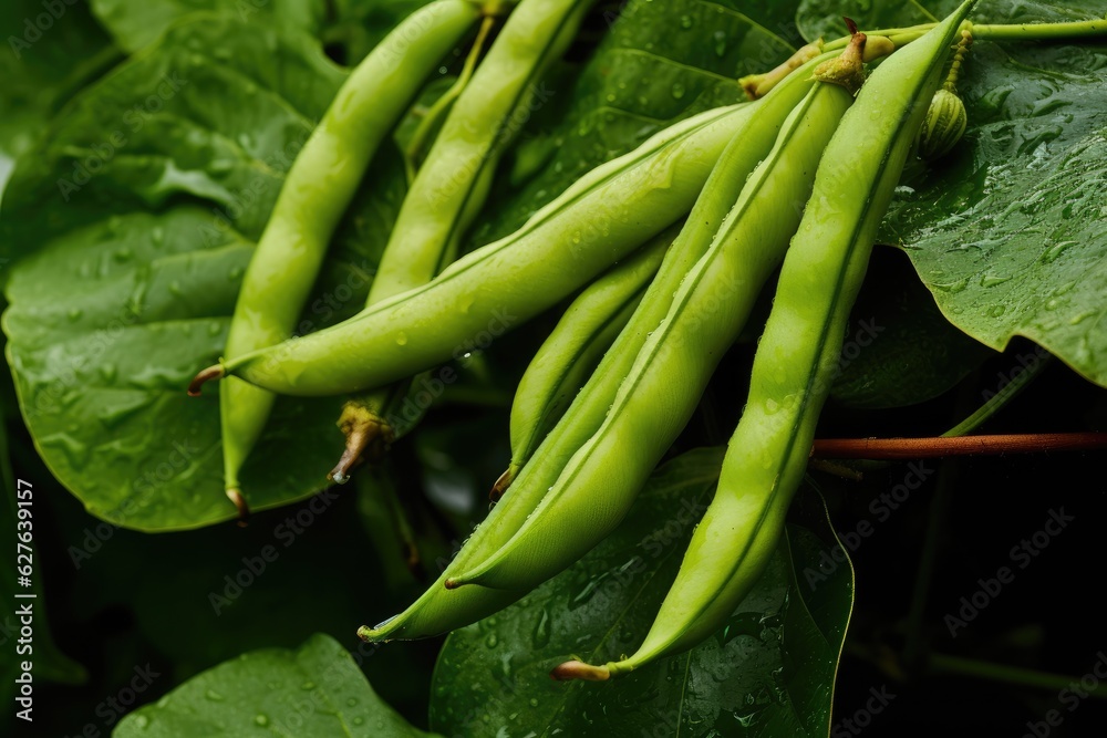 Green beans growing in a garden in summer. Generative AI