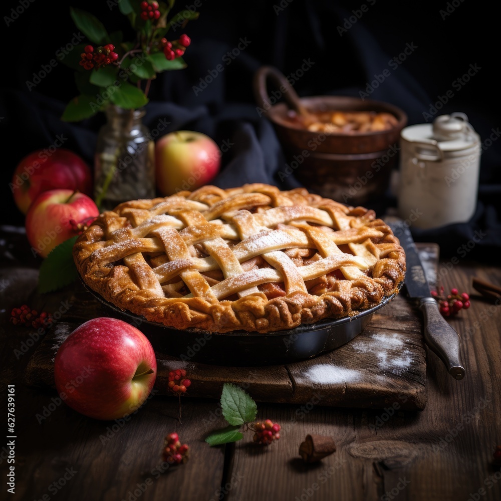 Freshly baked Apple Pie on a rustic table. Generative AI