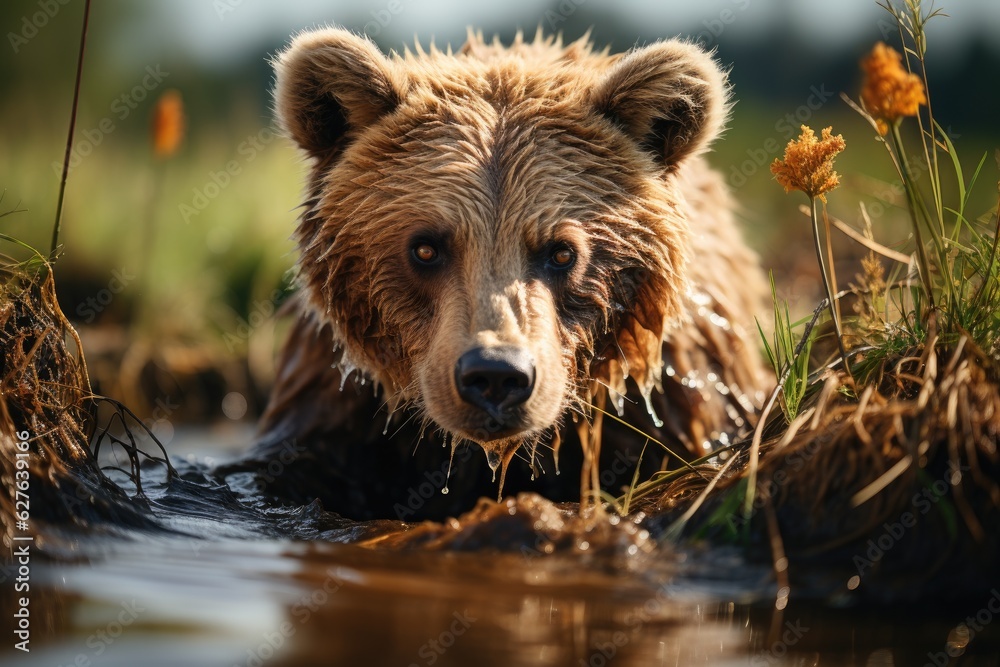 Brown bear fishing in a river. Generative AI