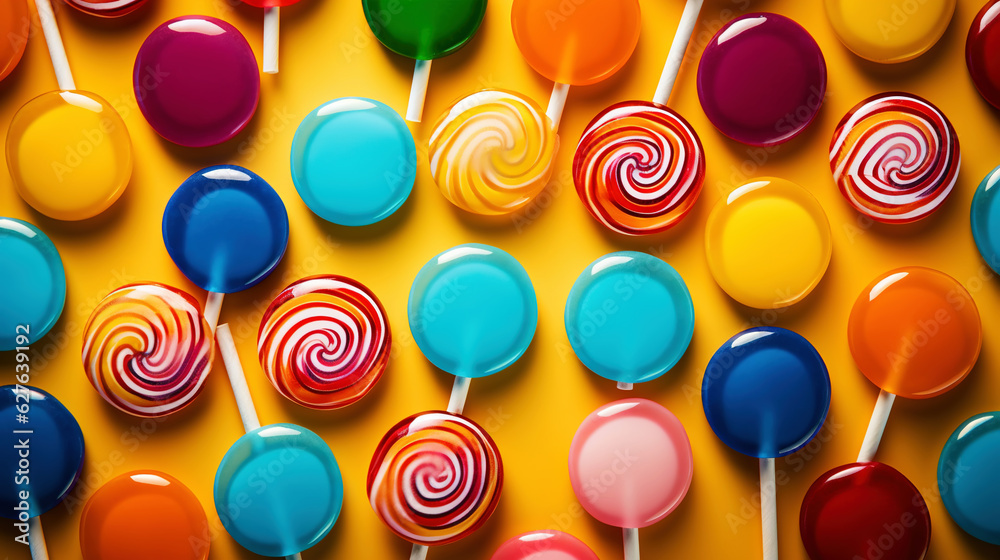 Colorful lollipop candies background. Top view. Generative AI