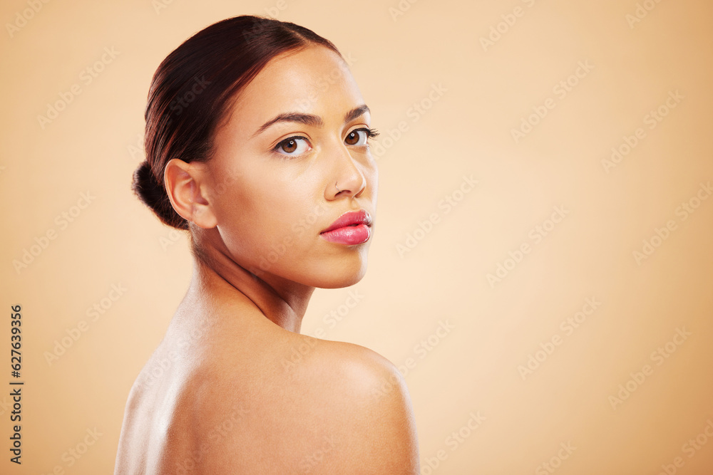 Portrait, beauty and woman with skincare, cosmetics and dermatology against a brown studio backgroun