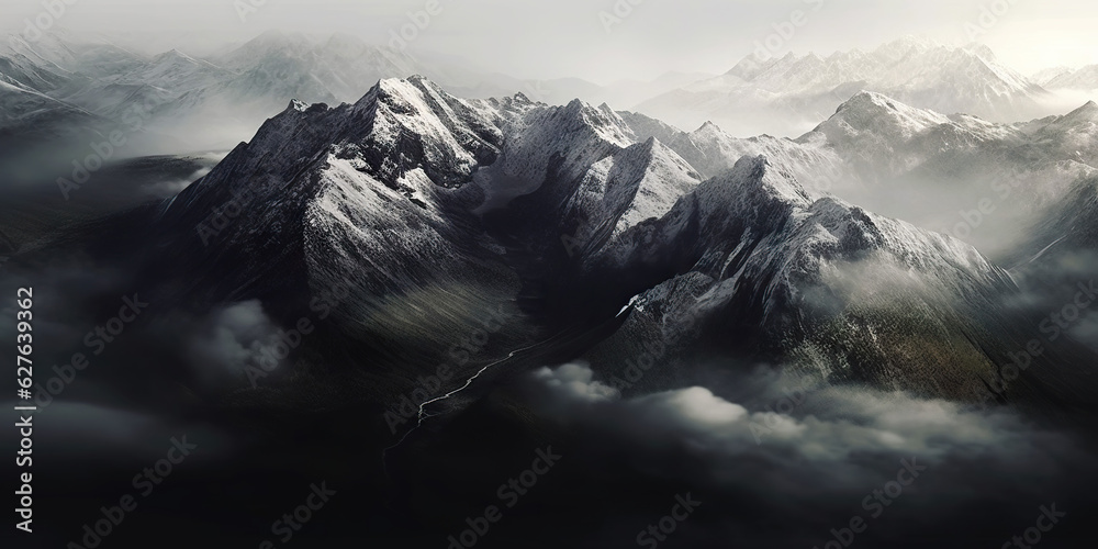 Dramatic snow-capped mountains landscape. Clouds and fog covers stone slopes. Generative AI