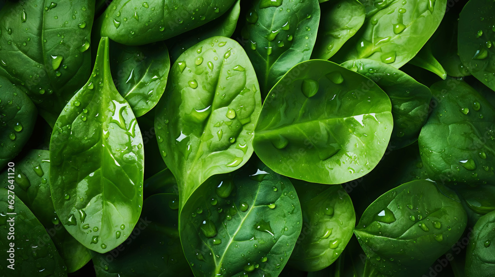 Fresh green spinach leaves with water drops background. Vegetables backdrop. Generative AI