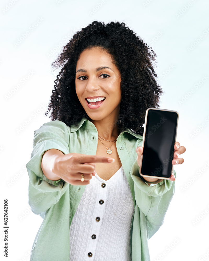 Phone screen, woman portrait and hand pointing in studio for deal, sale or sign up steps on white ba