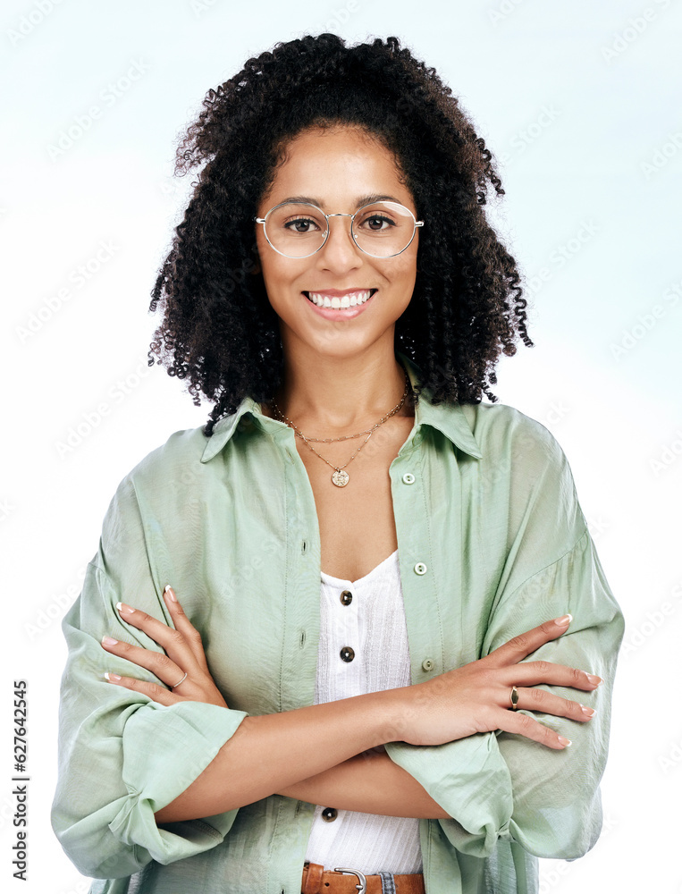 Woman, arms crossed and portrait of a creative writer in a studio with confidence and glasses. Isola