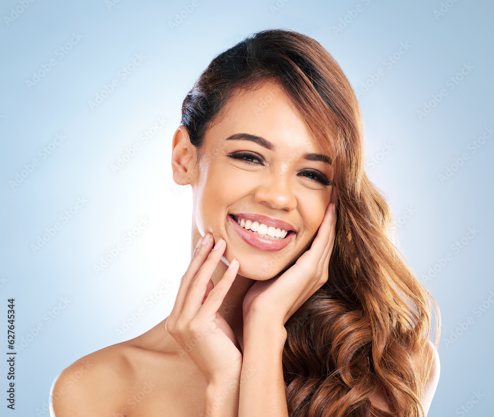 Smile, hair care or happy woman in portrait for beauty, wellness or cosmetics in studio on blue back