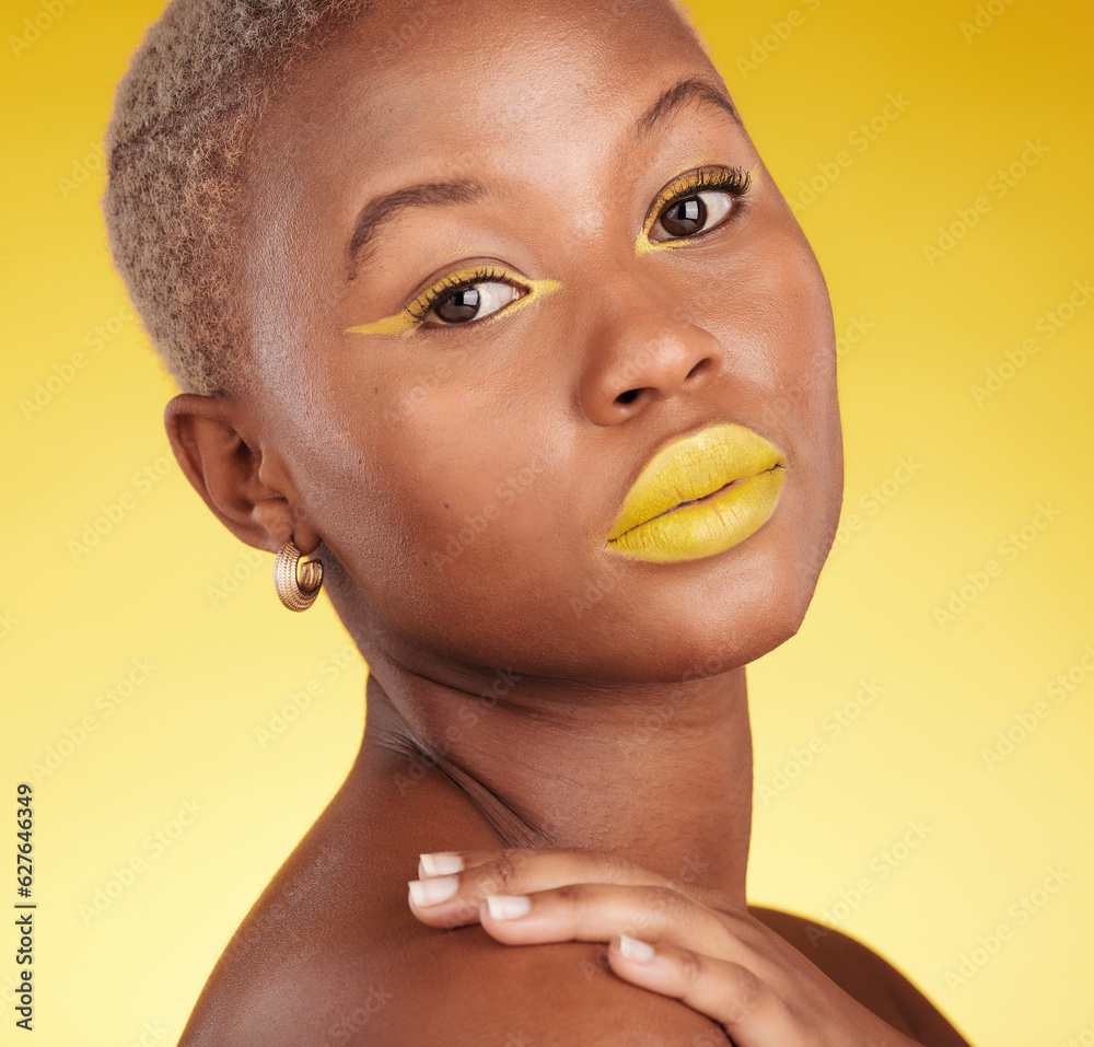 Portrait, skincare and cosmetics with african girl for glow in yellow studio or background in closeu