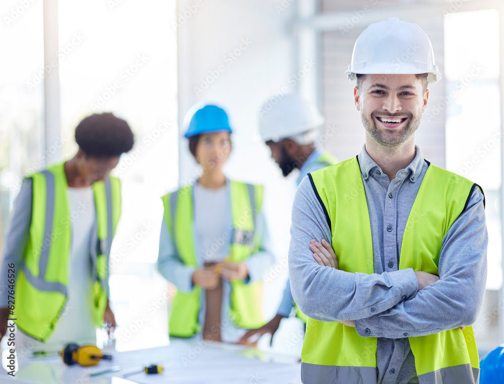 Construction worker, man portrait and arms crossed of engineer, builder or contractor. Industrial, h