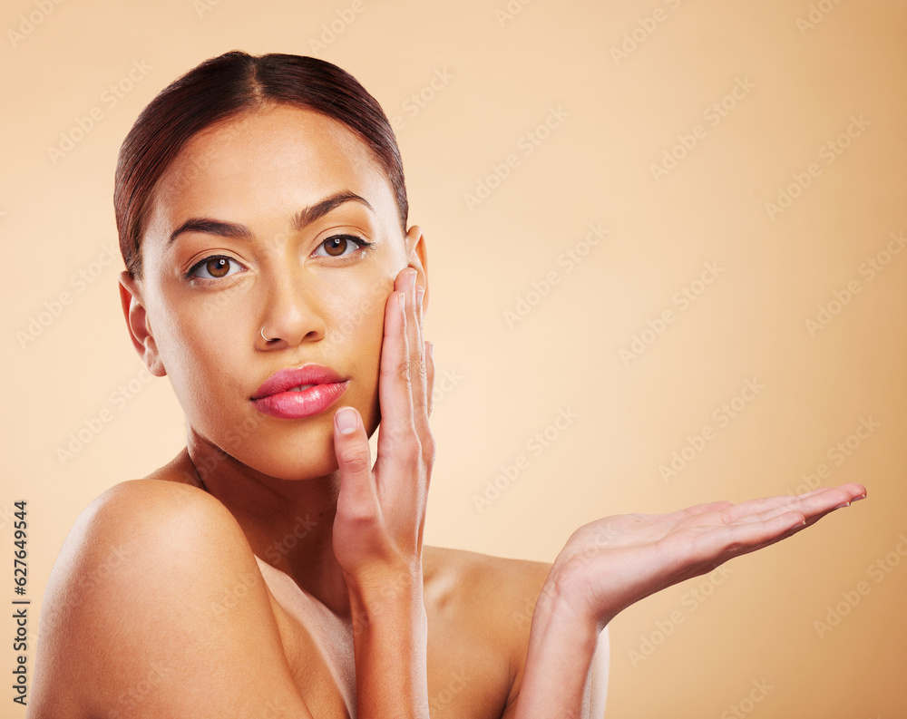 Face, skincare mockup or natural woman in studio isolated on brown background for promotion. Facial,