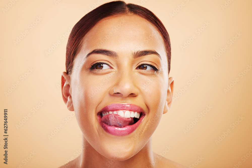 Lick, teeth or happy woman with tongue, smile or thinking of dental wellness against a studio backgr