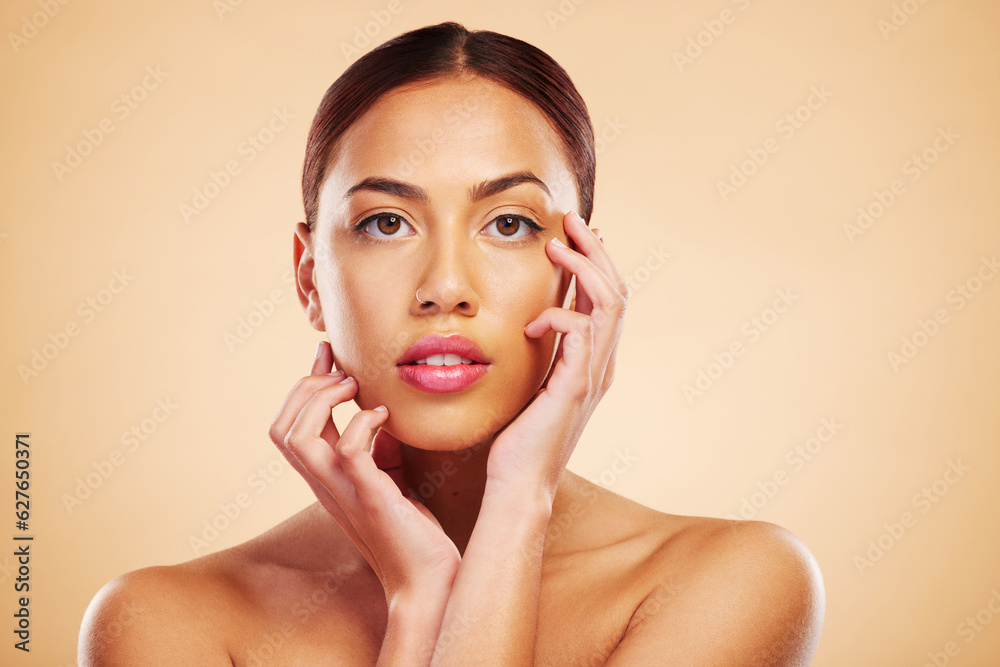 Portrait, mockup and woman with skincare, cosmetics and wellness on a brown studio background. Face,