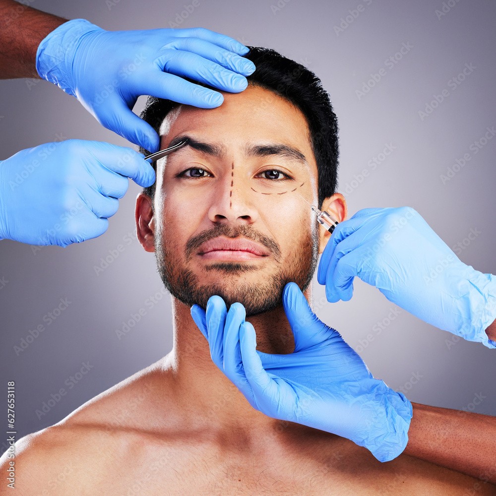 Beauty, plastic surgery and injection with portrait of man in studio for prp, aesthetics or collagen