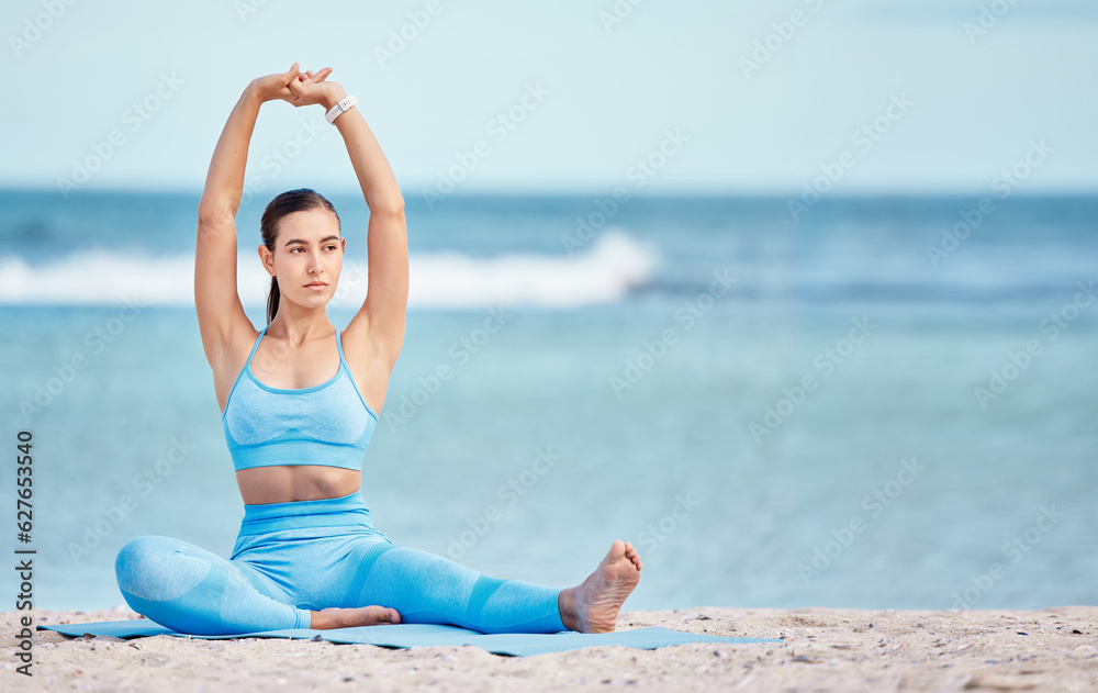 Fitness, yoga and woman stretching by beach with mockup space for wellness, healthy body and energy.