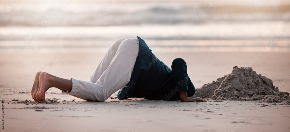 Search, digging and a man in the beach sand in nature for travel fun or holiday adventure in summer.