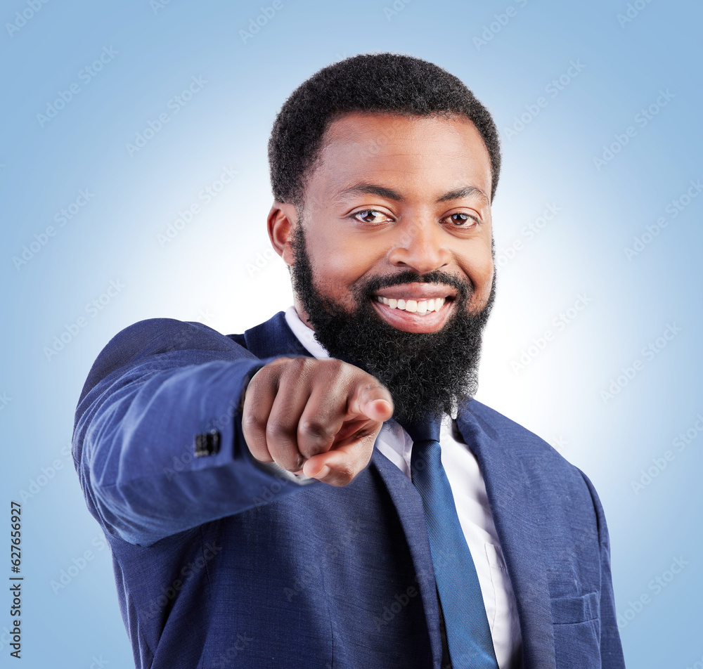 Portrait, business and black man hand pointing in studio for hiring, recruitment or opportunity on b