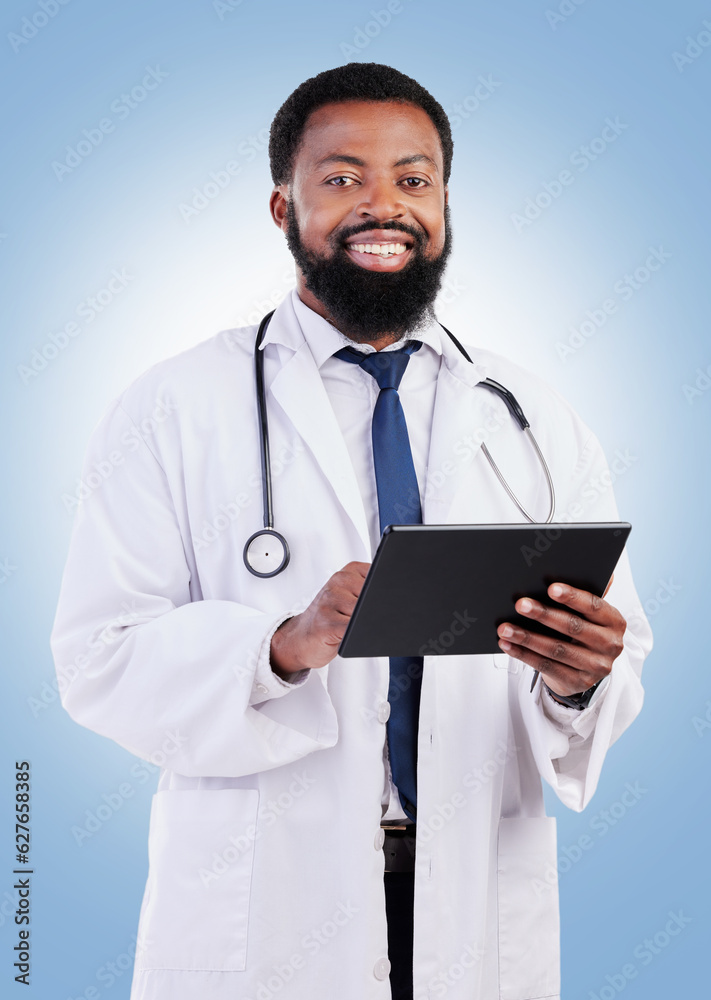 Healthcare, portrait and tablet and a black man doctor in studio on a blue background for cardiology