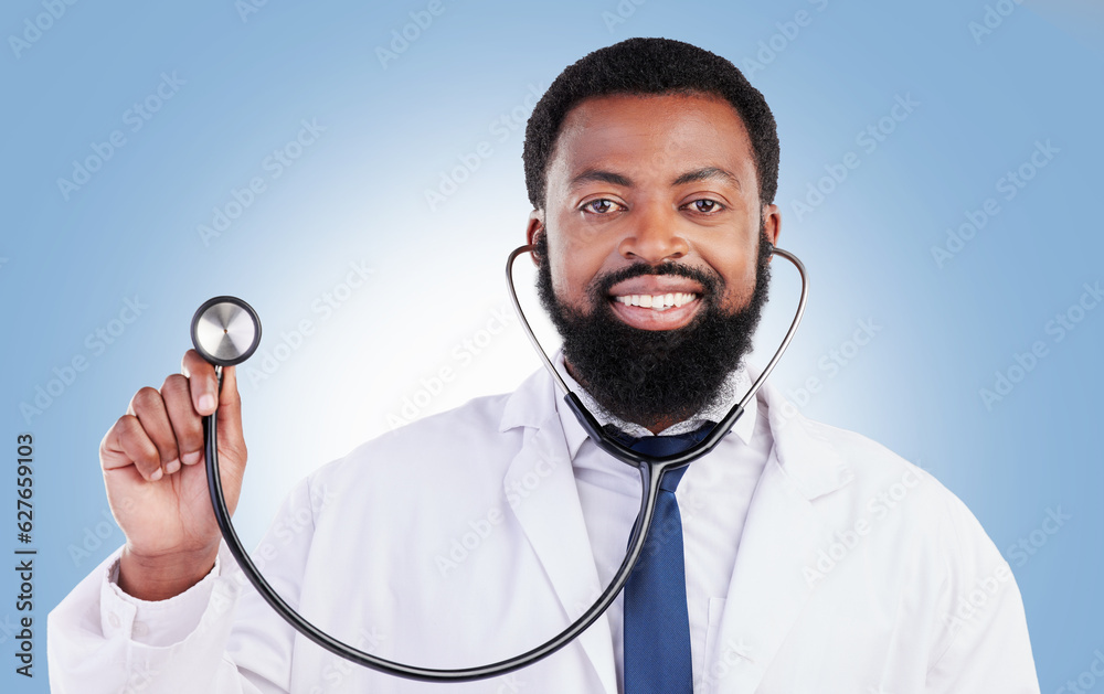 Portrait, stethoscope and man doctor in studio with cardiovascular, exam or consultation on blue bac