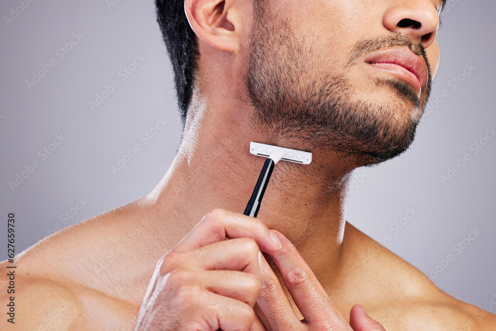 Beard hair, razor and closeup man with beauty routine, self care treatment, morning bathroom groomin