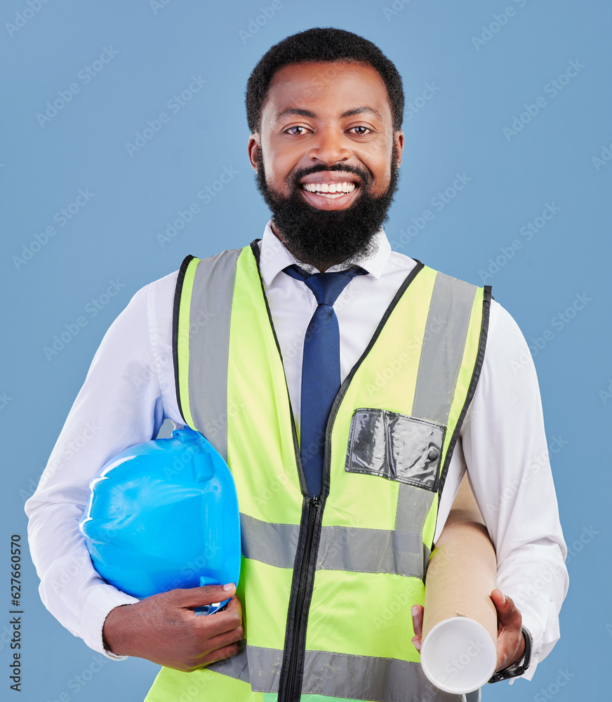 Happy black man, portrait and architect with blueprint for construction against a blue studio backgr